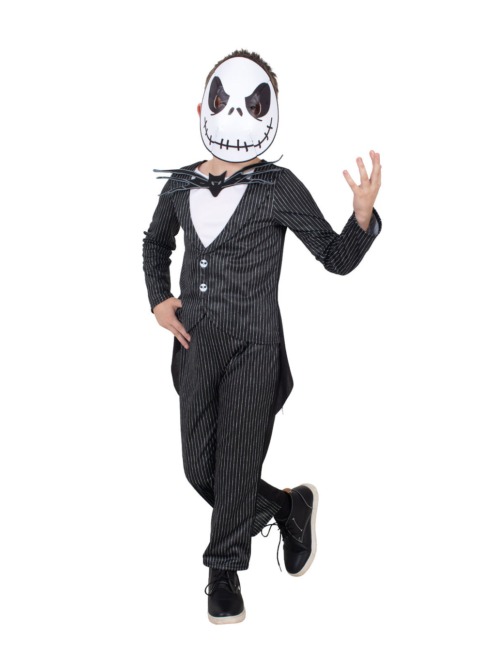 Boy posing in the Jack Skellington pinstripe jacket with tails, pants and skull face mask