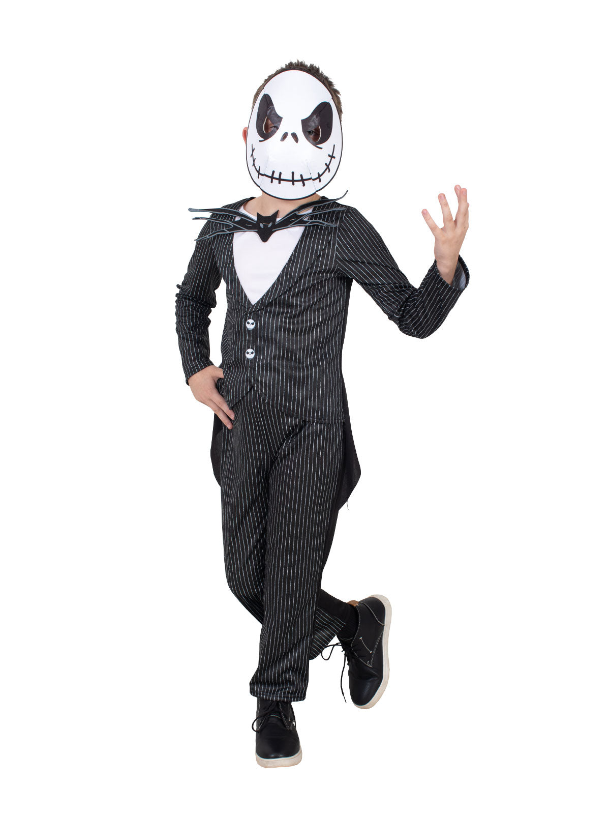 Boy posing in the Jack Skellington pinstripe jacket with tails, pants and skull face mask