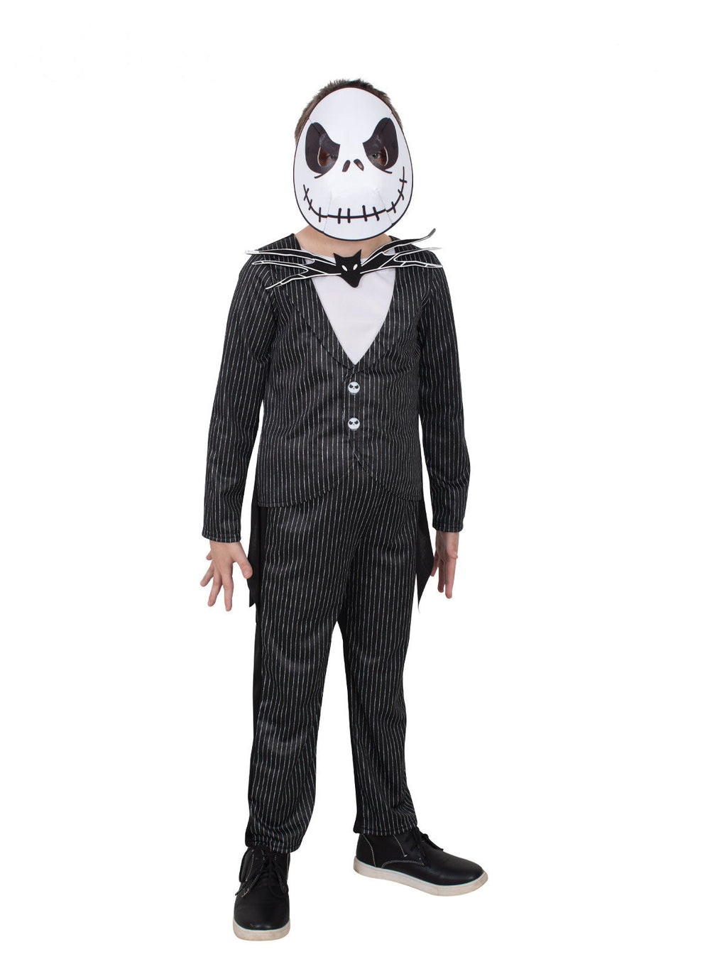 Boy in the Nightmare Before Christmas Jack Skellington Deluxe pinstripe suit with bat bow tie and mask