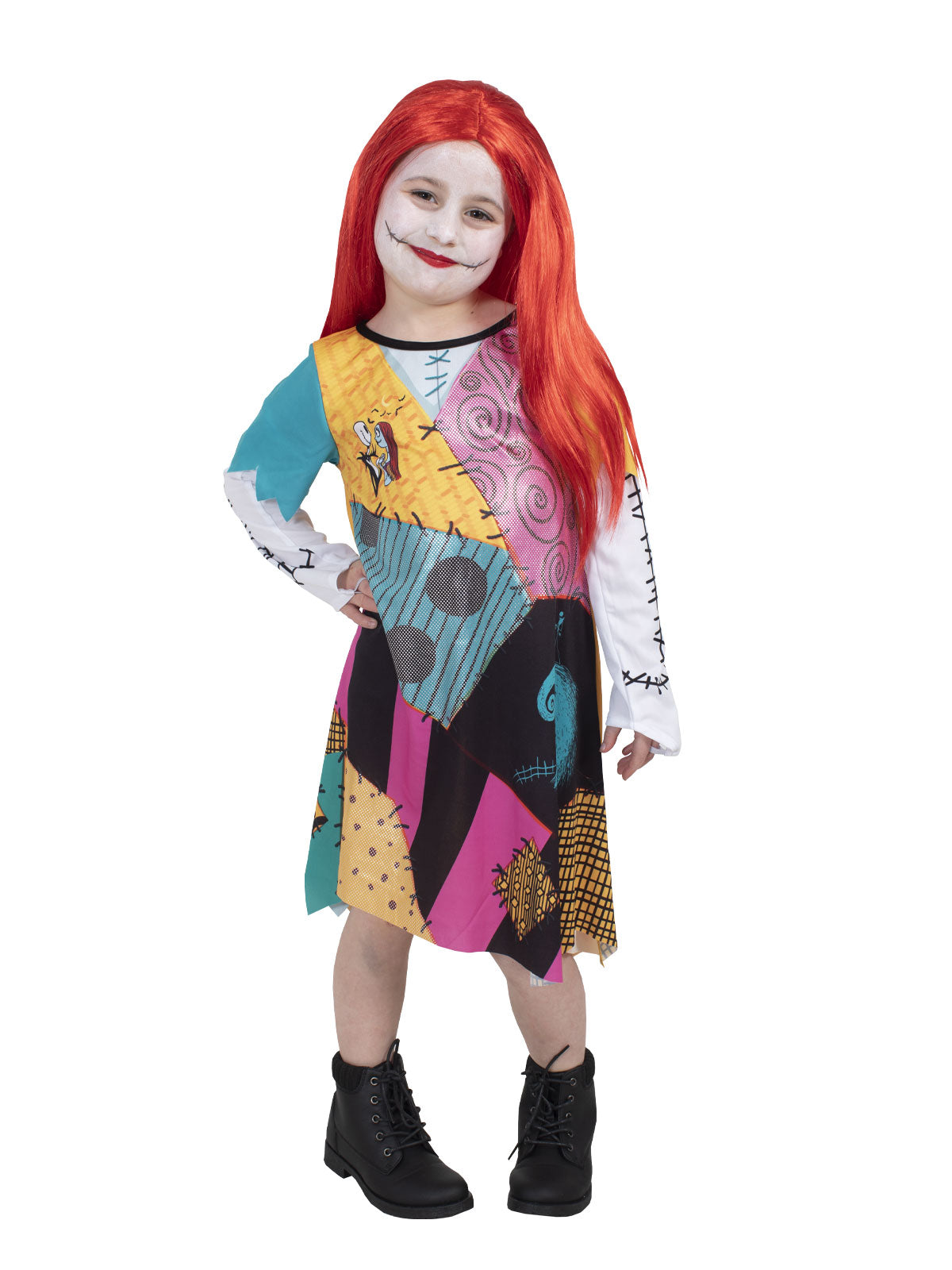 Girl posing in the Sally Finkelstein patchwork shift dress and long red wig
