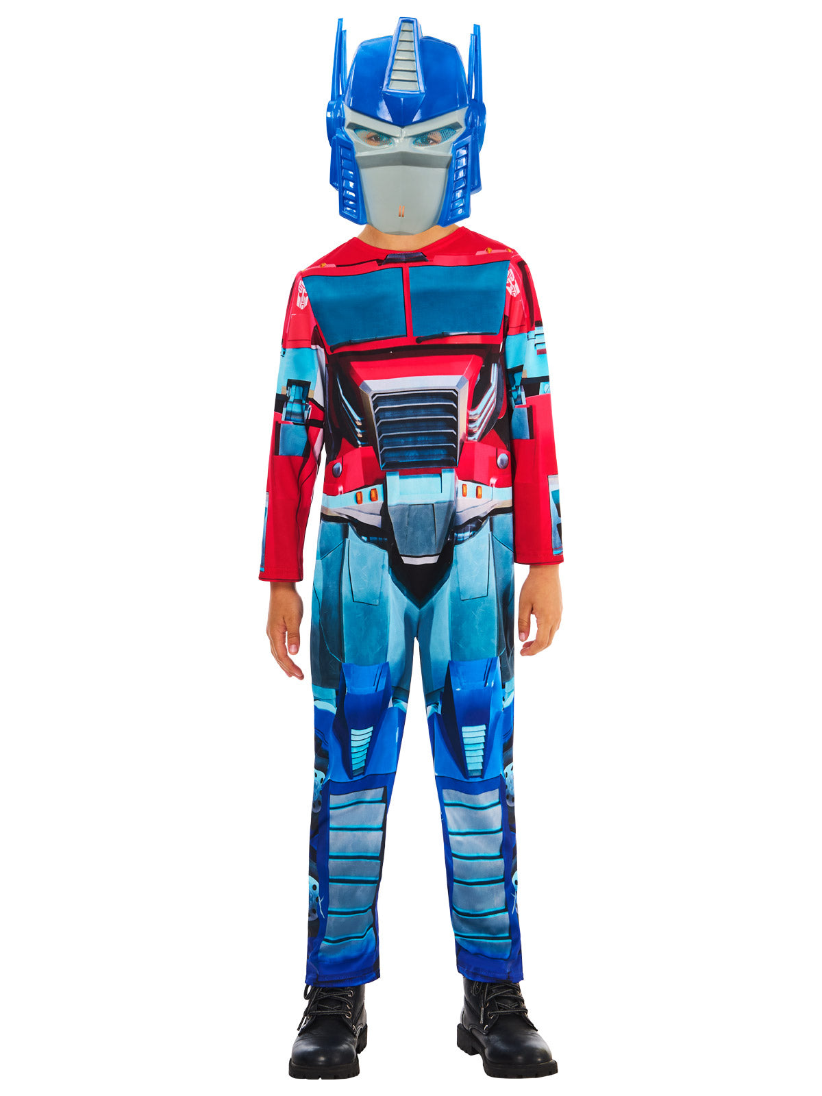 Front view of the Optimus Prime jumpsuit with printed robot armour and blue mask