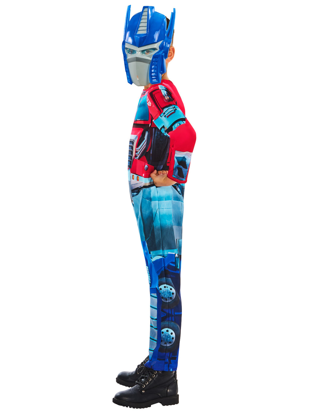 Side view of the Transformers Optimus Prime jumpsuit and plastic mask