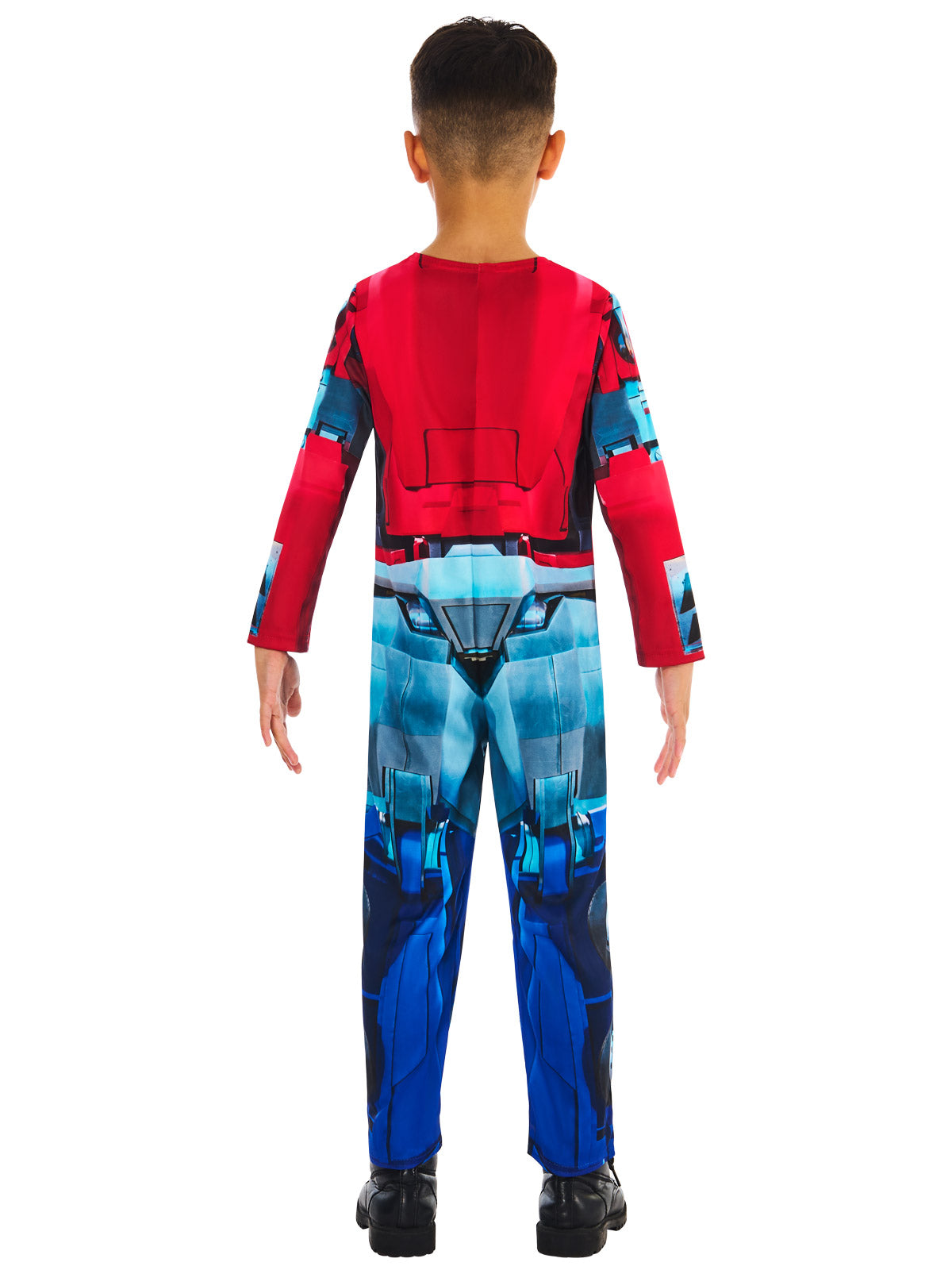 Back view of the Optimus Prime printed jumpsuit in red and blue
