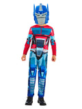 Boy in the Transformers Optimus Prime jumpsuit with red and blue robot print and plastic mask