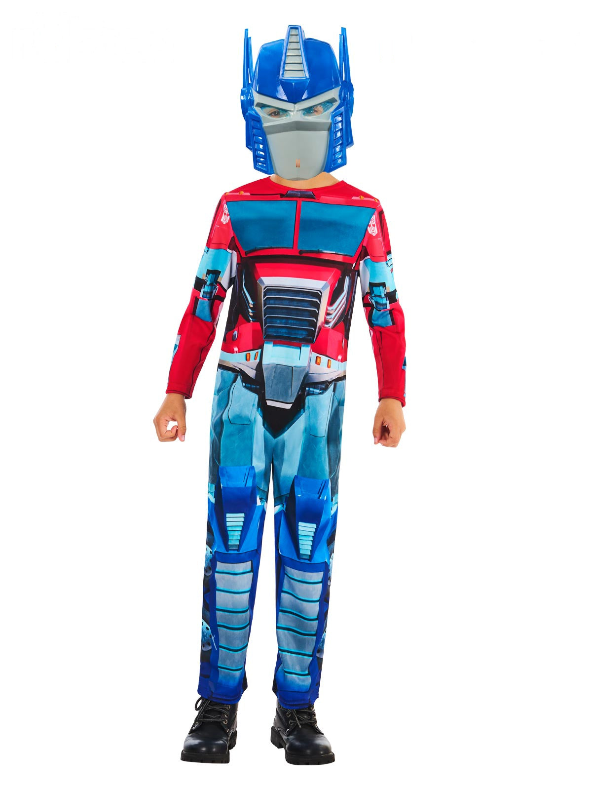 Boy in the Transformers Optimus Prime jumpsuit with red and blue robot print and plastic mask