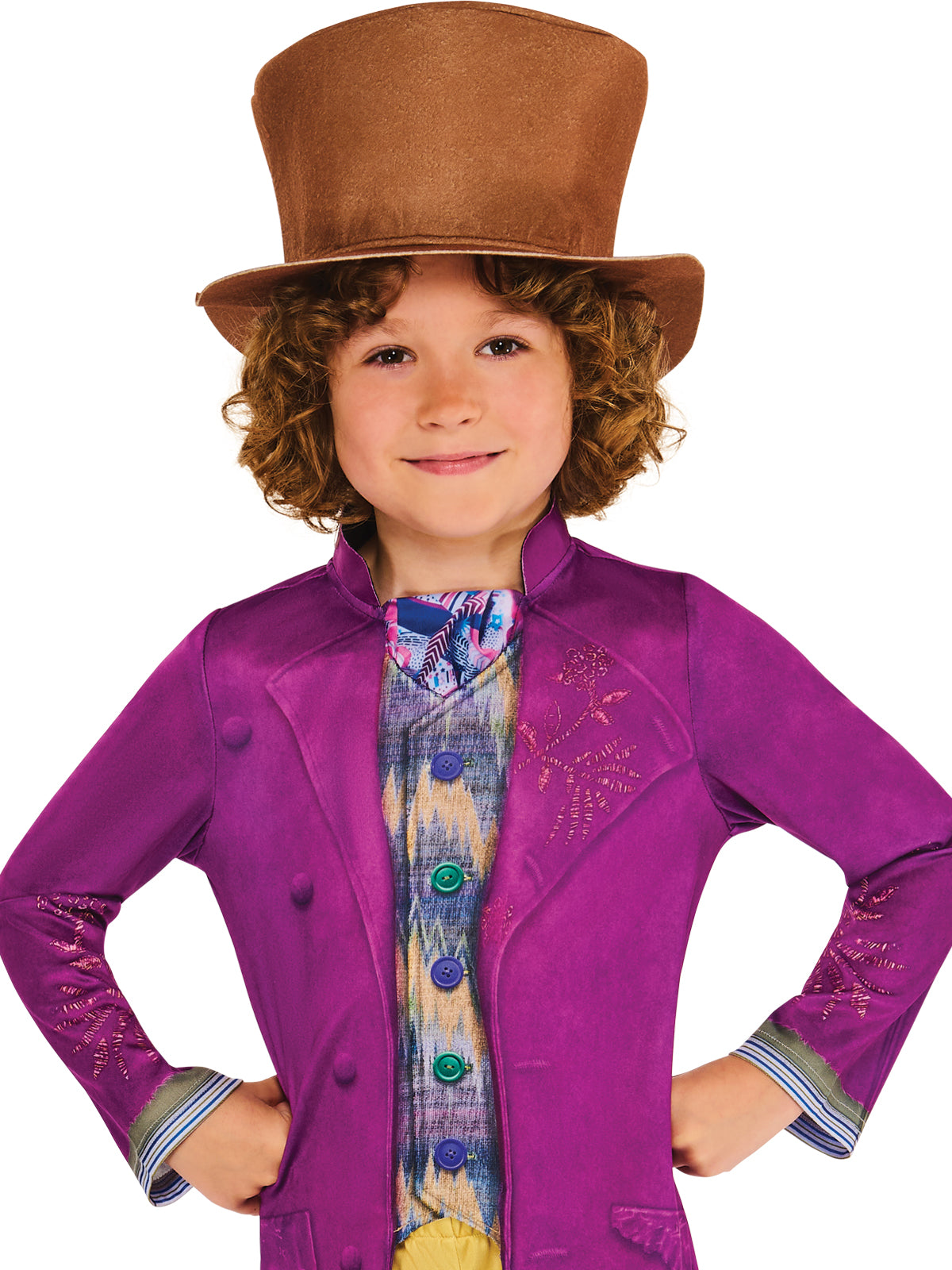 Close-up of a boy in the Willy Wonka costume showing the purple jacket, printed cuffs and brown felt top hat