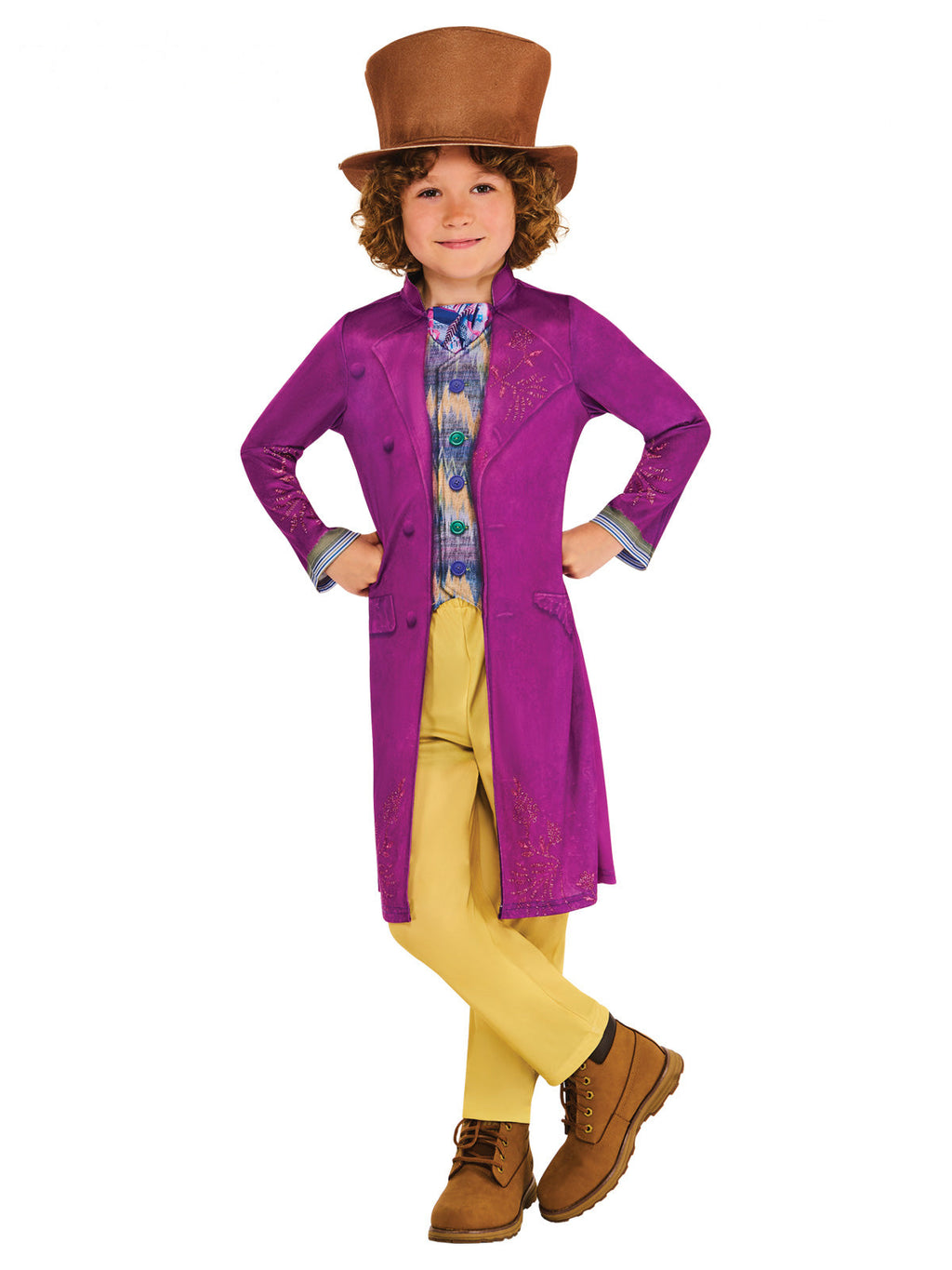 Boy in the Willy Wonka costume with purple jacket, multi-coloured vest, brown top hat and yellow pants