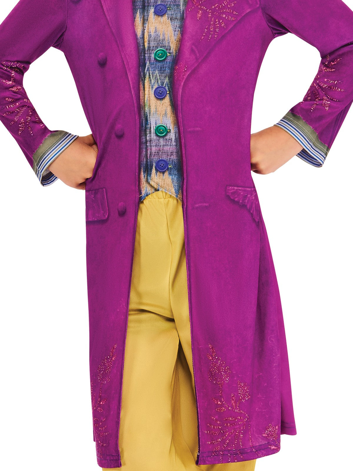 Close-up of the Willy Wonka costume's long purple jacket, colourful vest and yellow pants on a boy