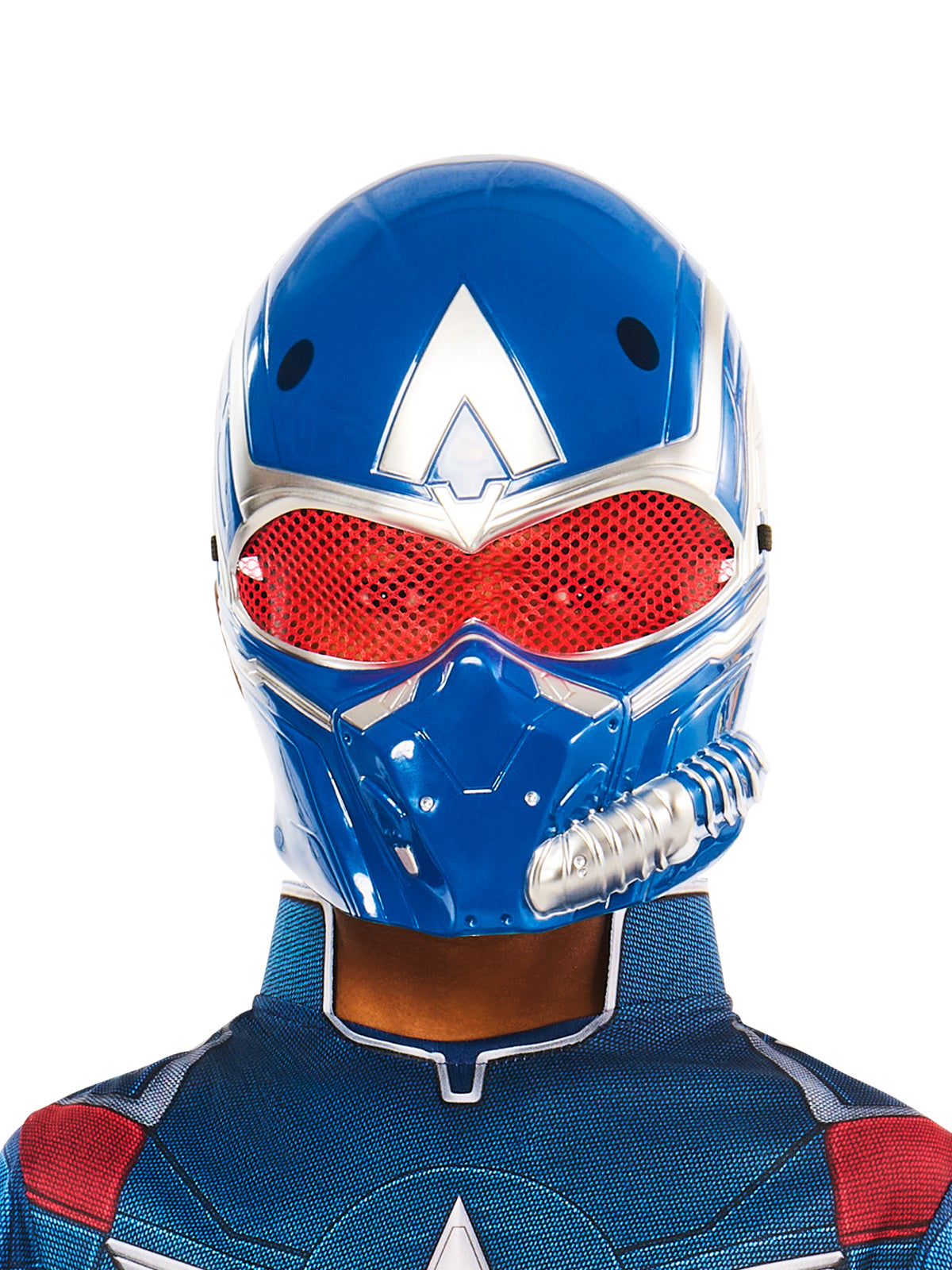 Close-up of the Captain America Brave New World moulded mask with red mesh eyes