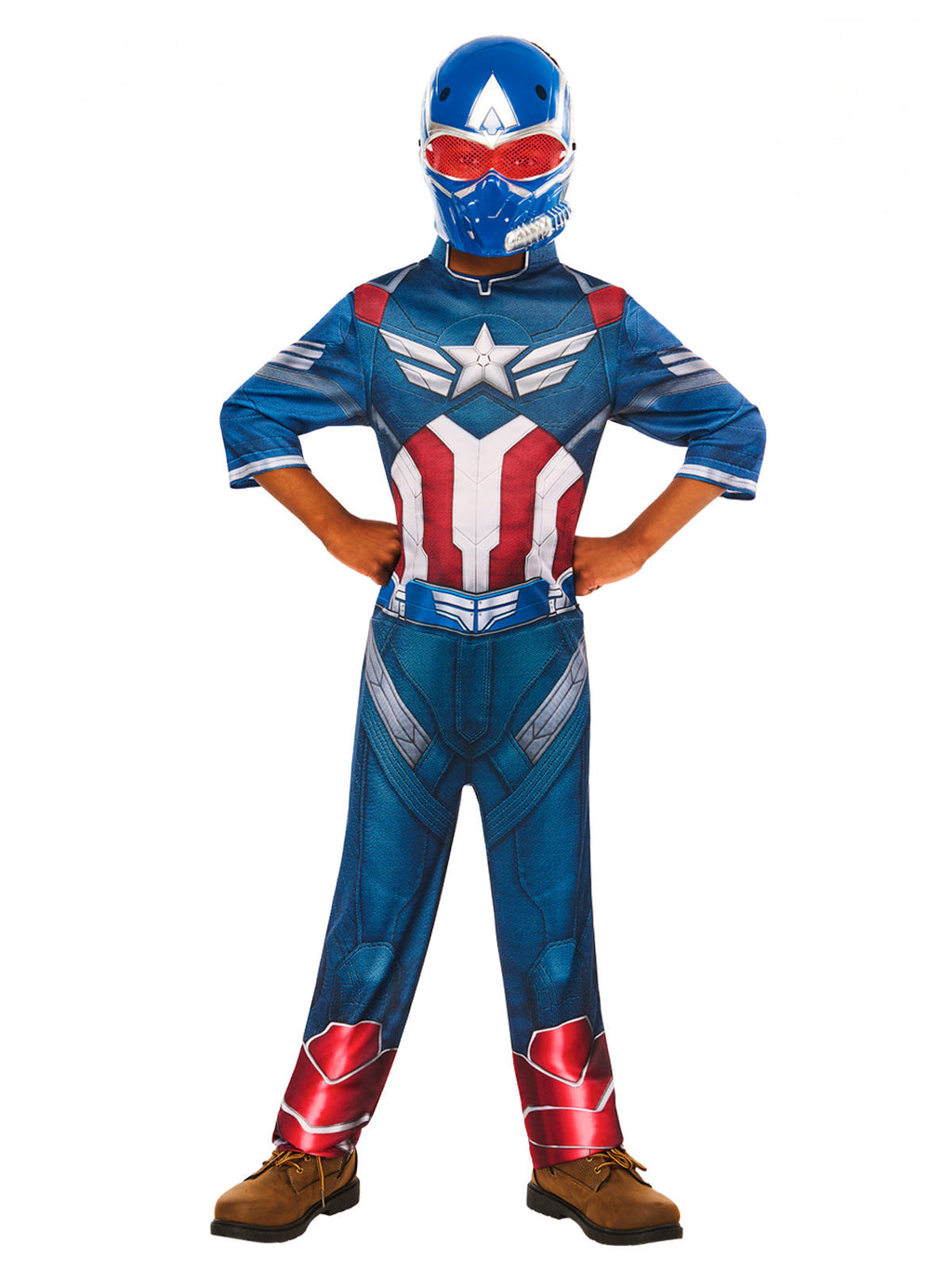 Boy in a Captain America Brave New World printed jumpsuit with foil star and moulded blue mask