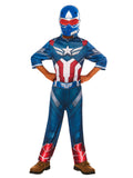 Boy in a Captain America Brave New World printed jumpsuit with foil star and moulded blue mask