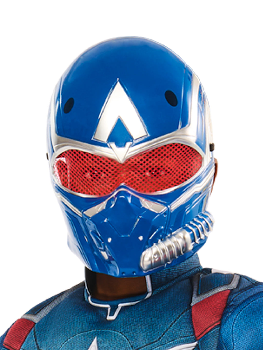 Close-up of the deluxe Captain America moulded mask with red mesh eyes