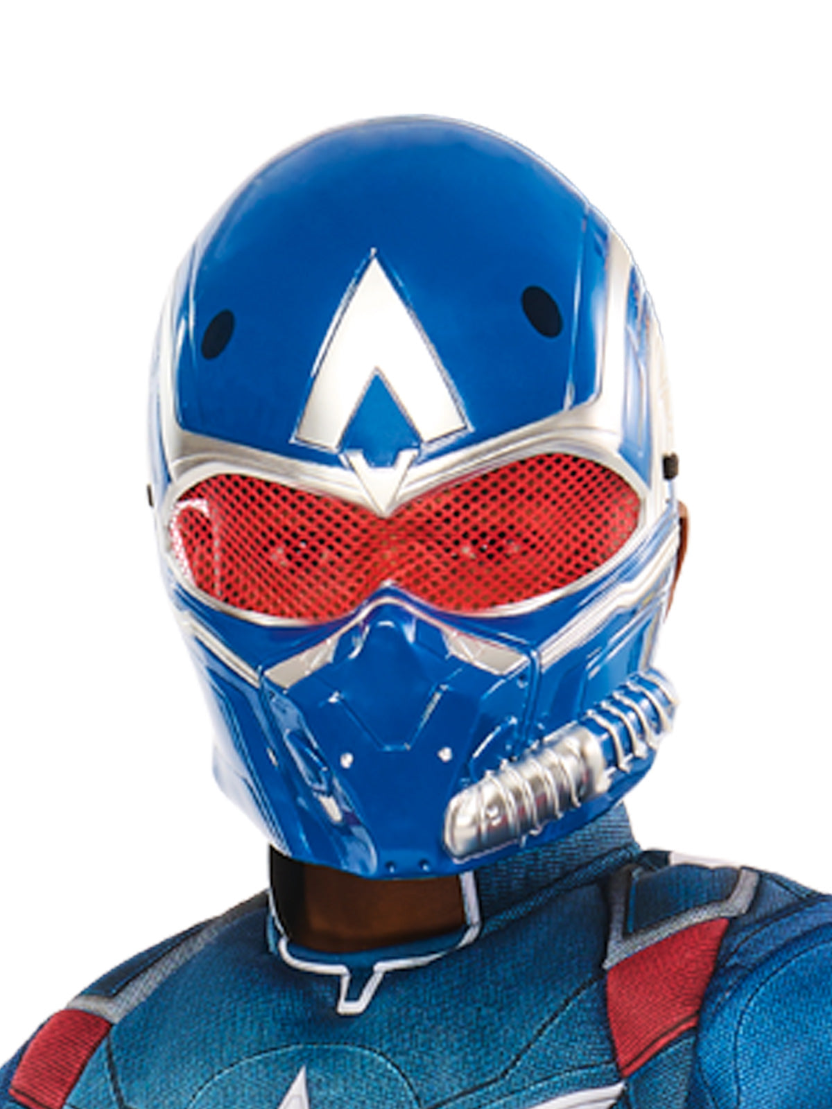 Close-up of the deluxe Captain America moulded mask with red mesh eyes