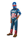 Boy in a deluxe Captain America Brave New World padded suit with foil star and moulded mask