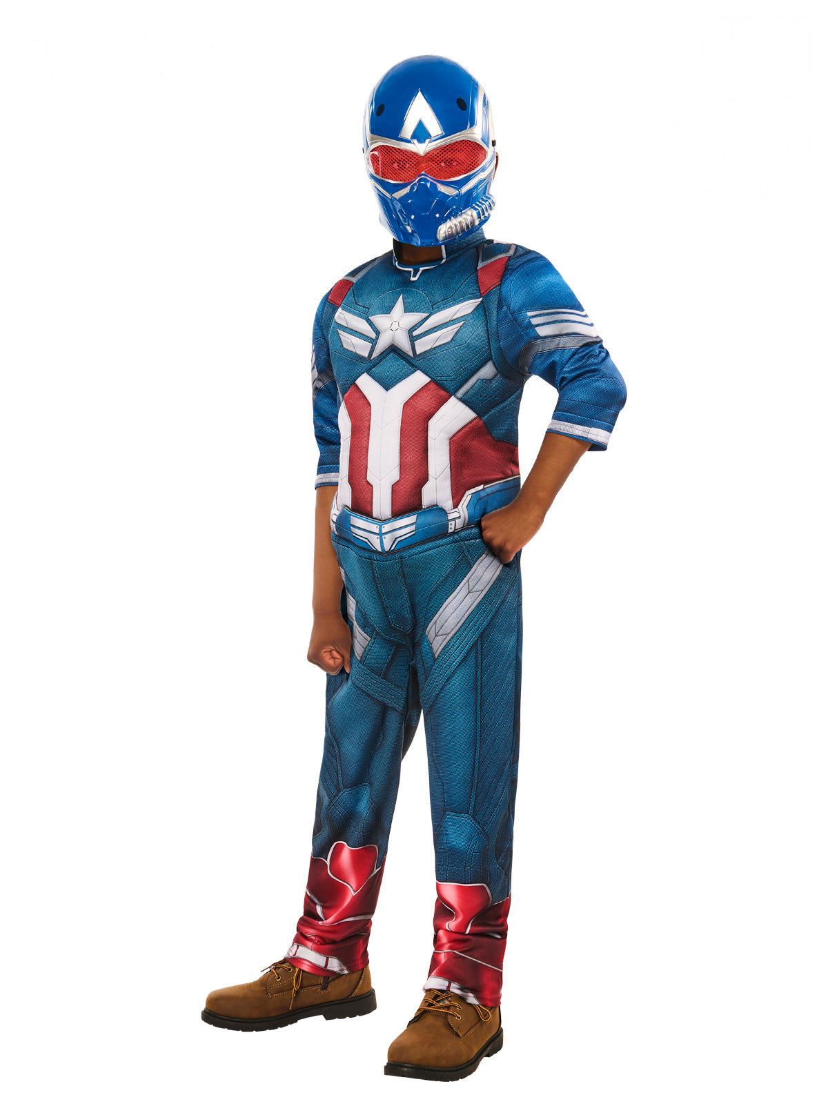 Boy in a deluxe Captain America Brave New World padded suit with foil star and moulded mask