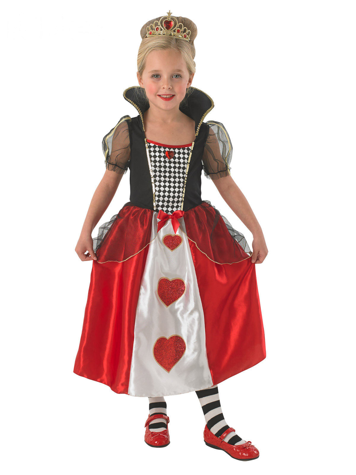 Girl in the Queen of Hearts dress with red satin bodice, heart print skirt, gold trim and tiara