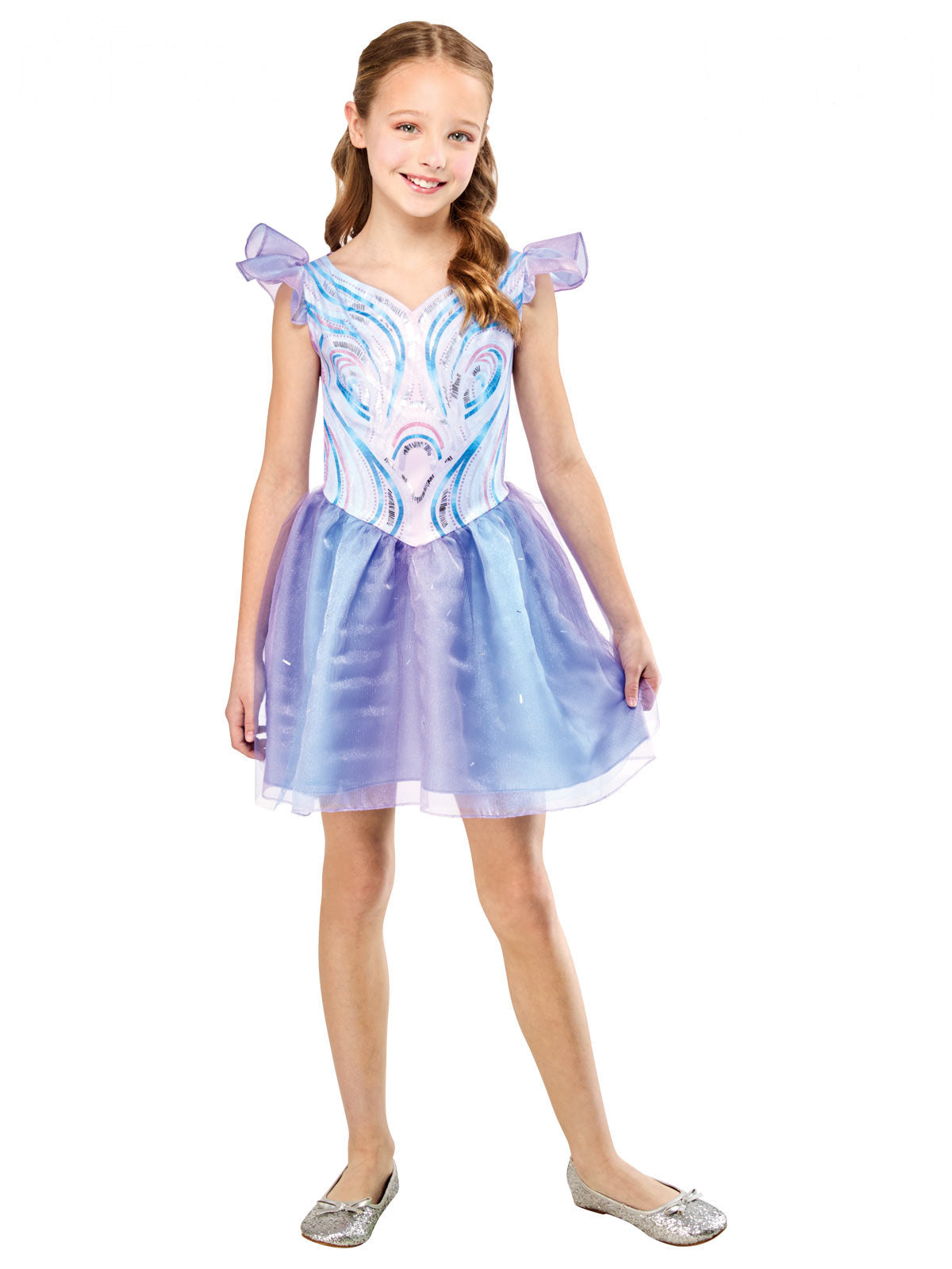Front view of the Glinda periwinkle tutu dress with tulle capped sleeves