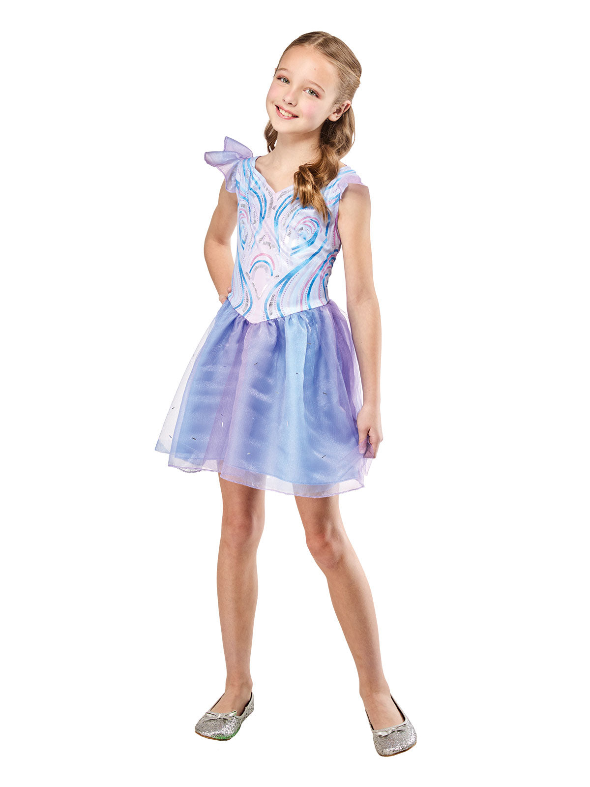 Three-quarter view of the Glinda periwinkle dress with a silver-patterned bodice