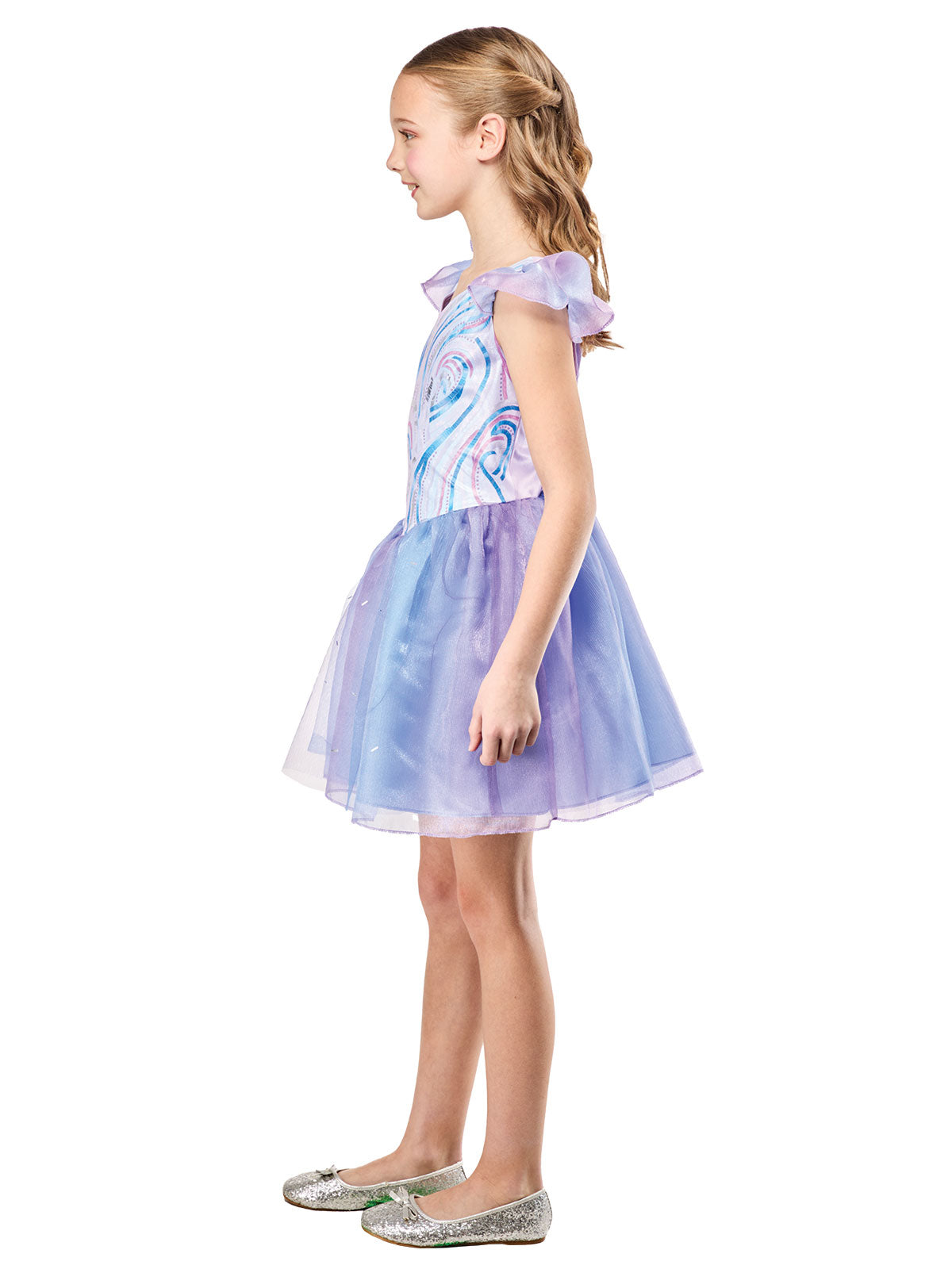Side view of the periwinkle Glinda dress with a layered blue and pink tulle skirt