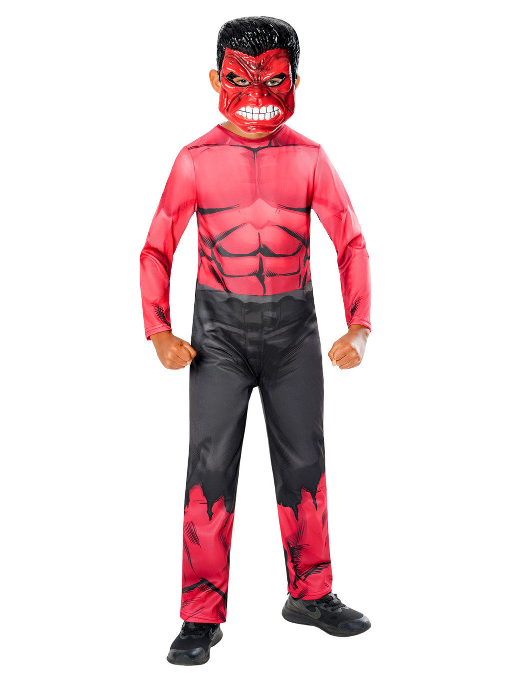 Side view of the Red Hulk jumpsuit with printed muscle chest and mask