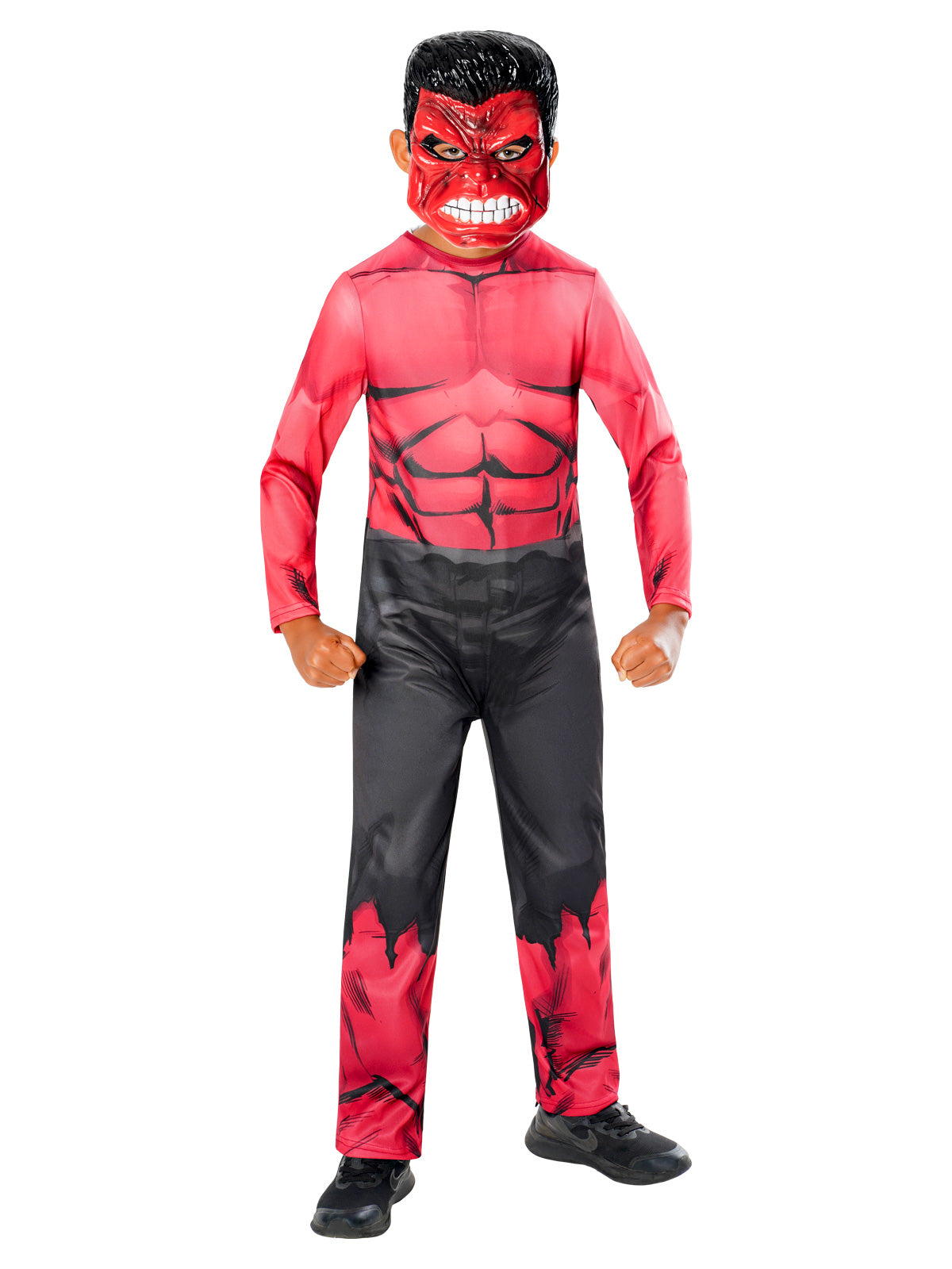 Side view of the Red Hulk jumpsuit with printed muscle chest and mask