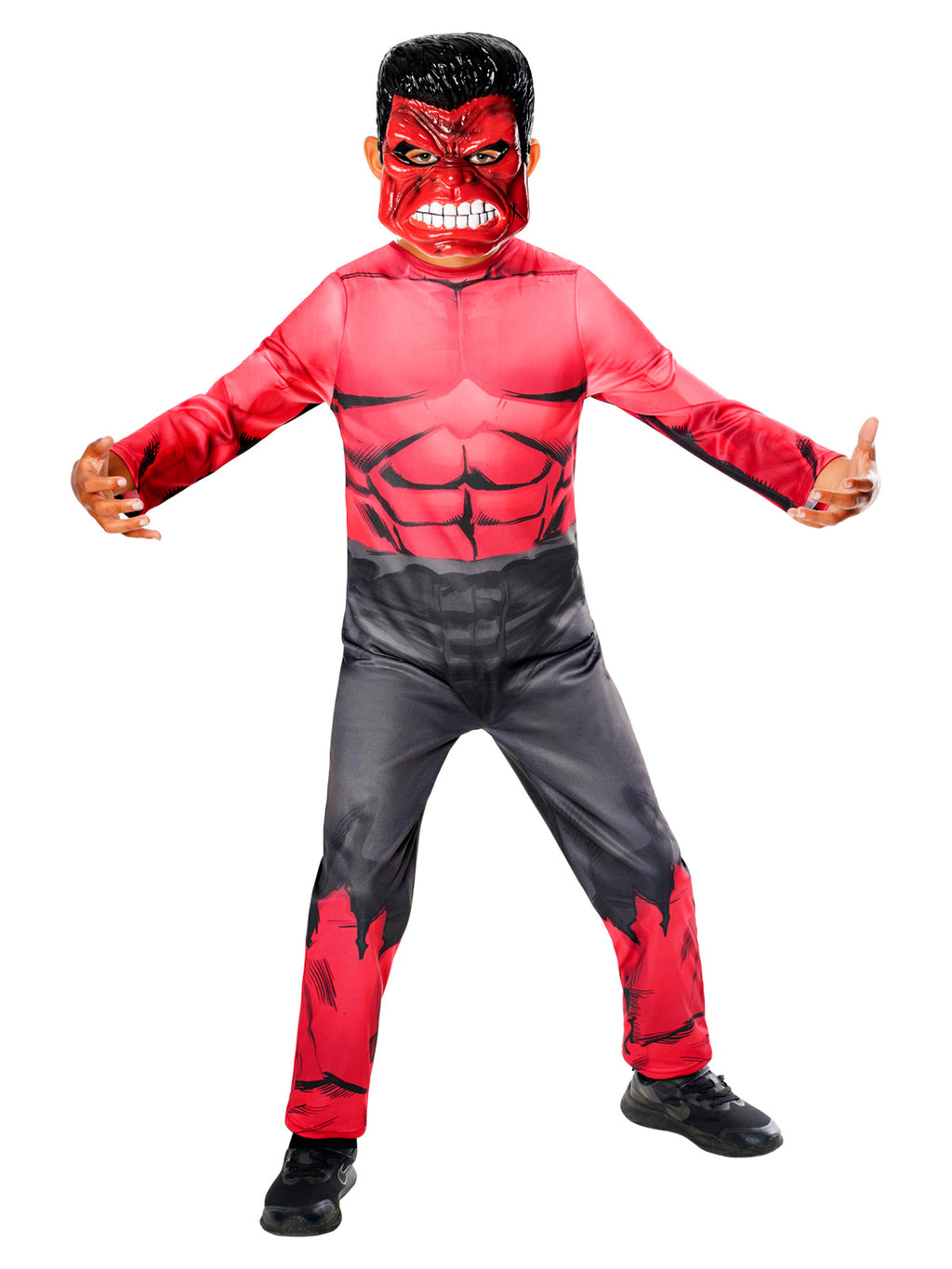 Boy in an action pose in the all-in-one Red Hulk jumpsuit with mask