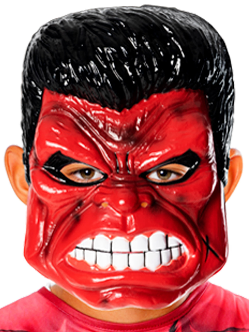 Close-up of the angry-faced Red Hulk EVA mask with black hair