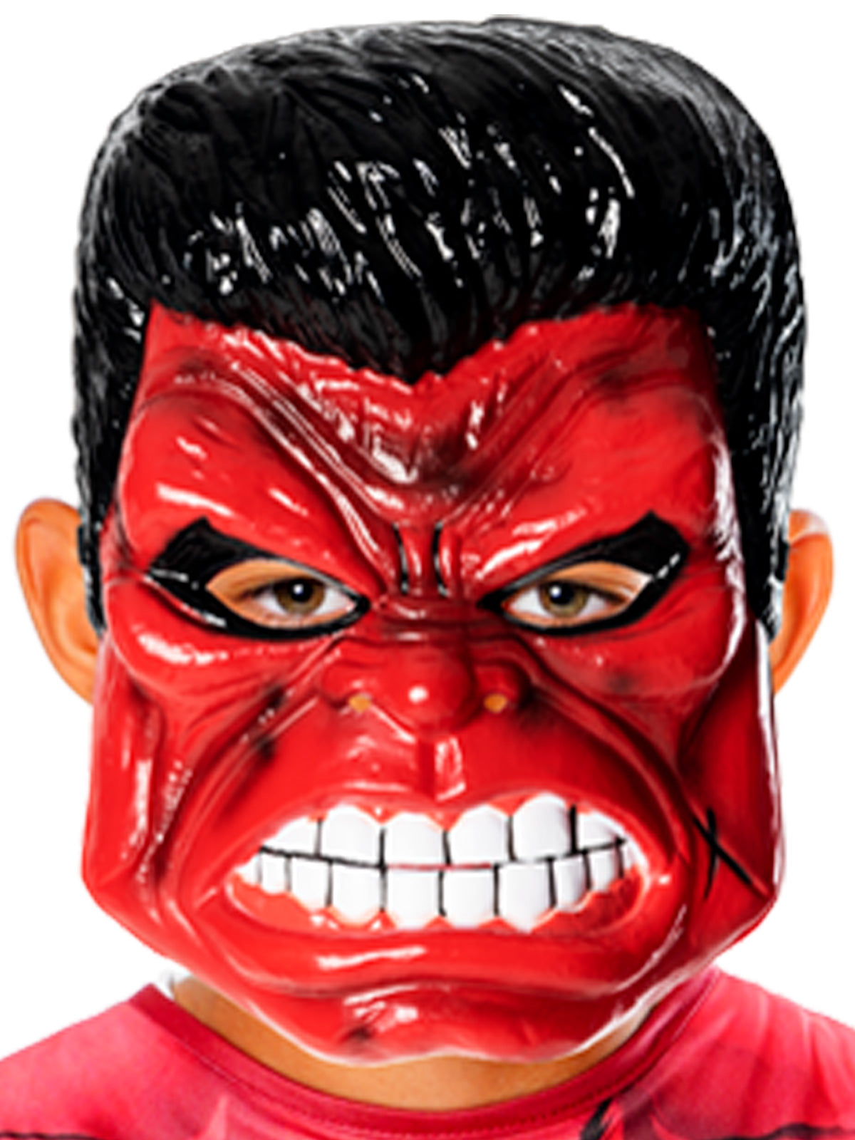Close-up of the angry-faced Red Hulk EVA mask with black hair