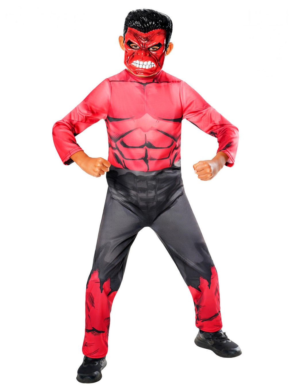 Boy in the Red Hulk jumpsuit with printed muscles, grey pants and angry Red Hulk mask