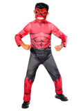 Boy in the Red Hulk jumpsuit with printed muscles, grey pants and angry Red Hulk mask