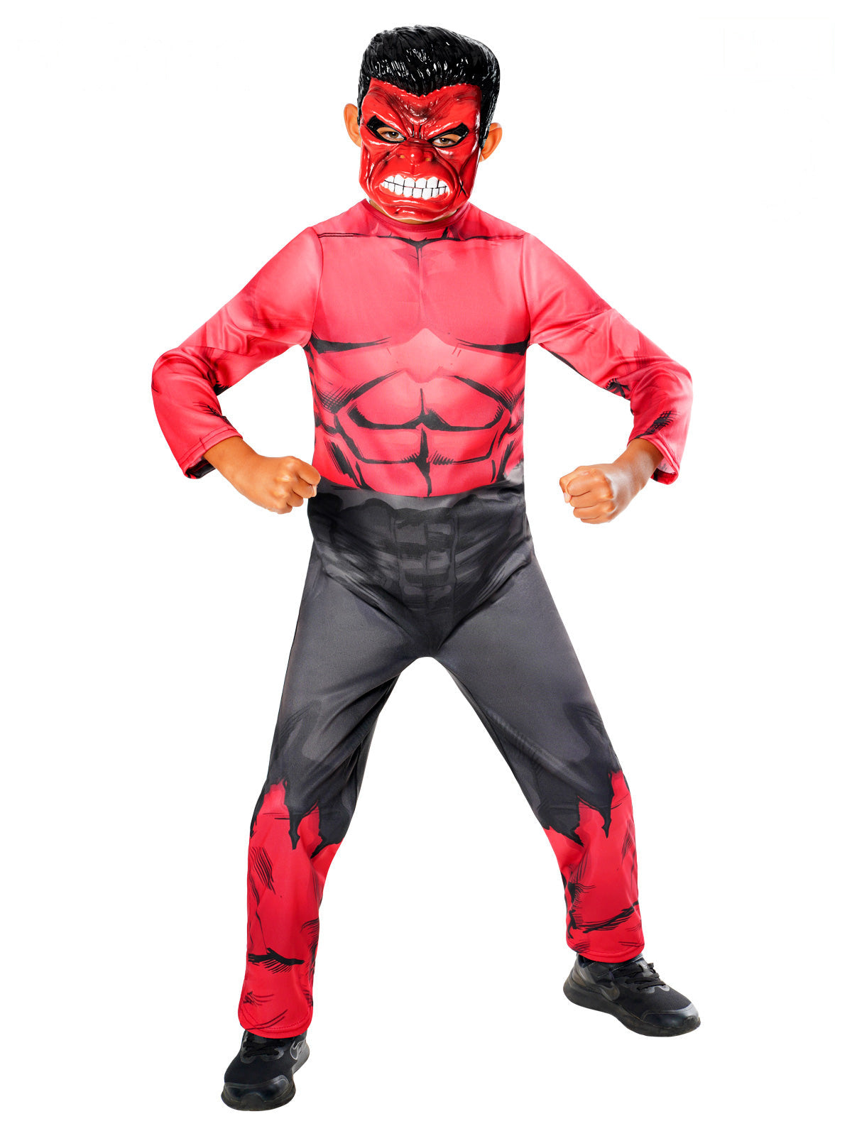 Boy in the Red Hulk jumpsuit with printed muscles, grey pants and angry Red Hulk mask