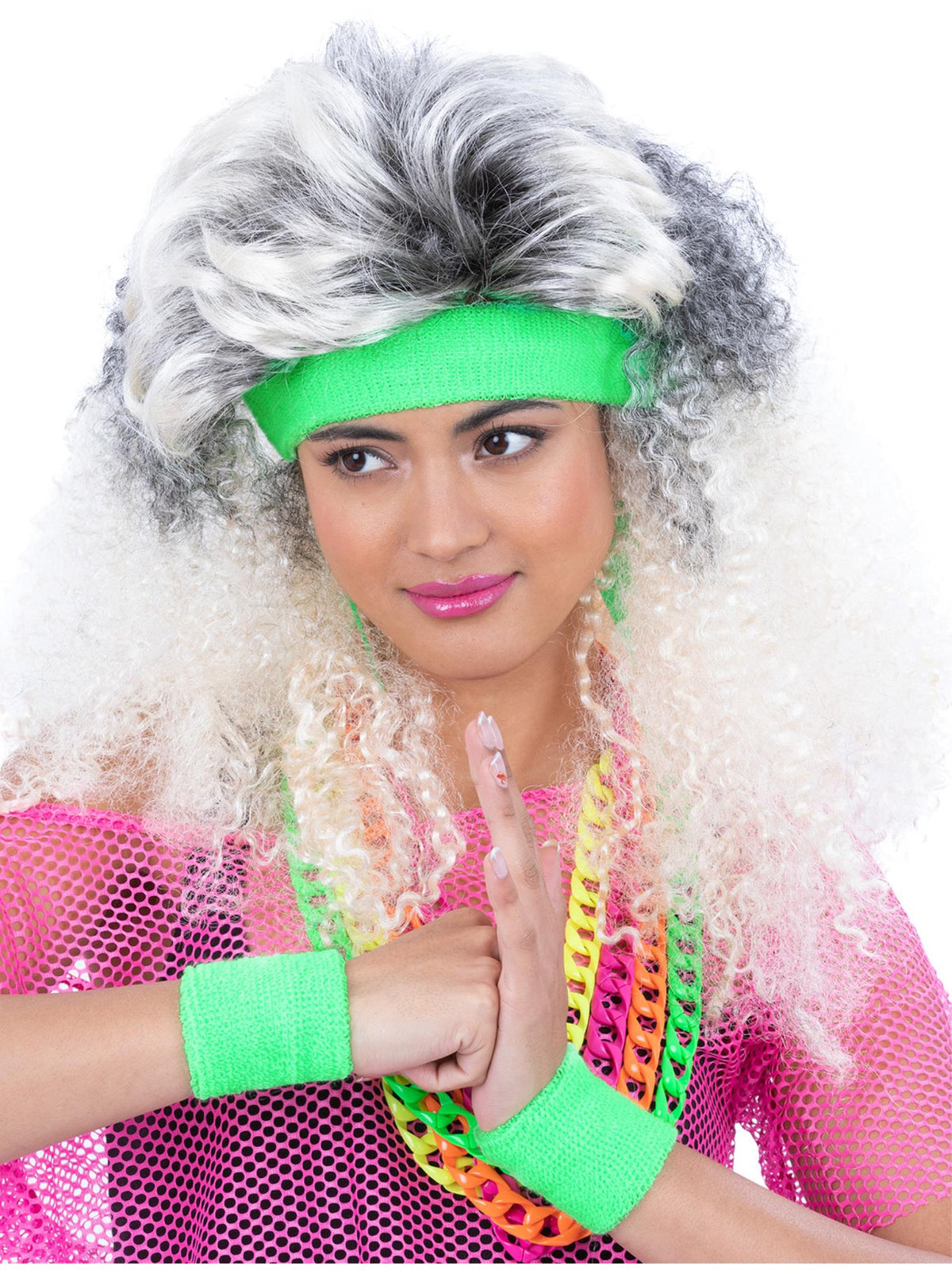 Neon green 80s headband sweatband and matching wristbands