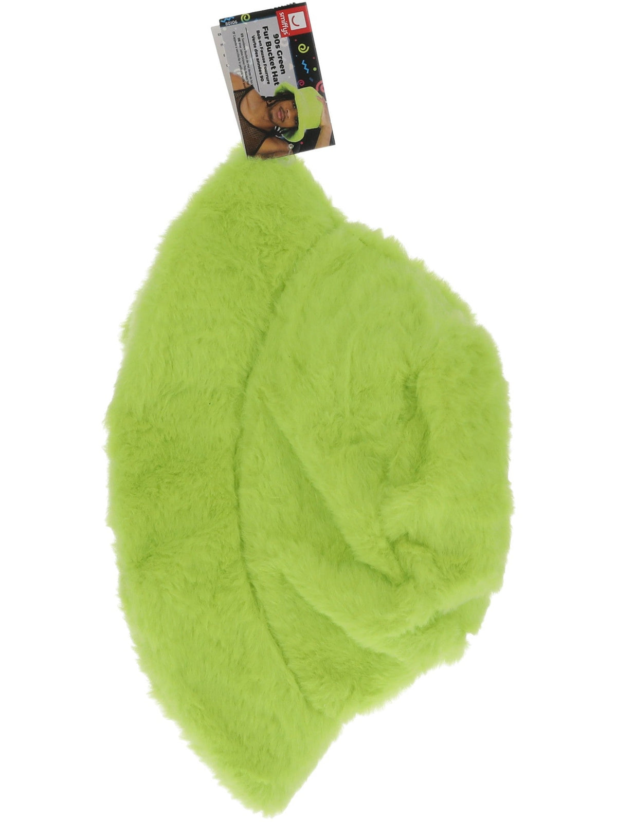 Green fur bucket hat in its retail packaging
