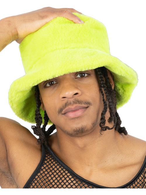 Man wearing a lime green 90s fluffy fur bucket hat