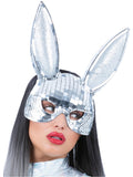 Woman wearing a silver mirrored disco bunny mask with tall bunny ears