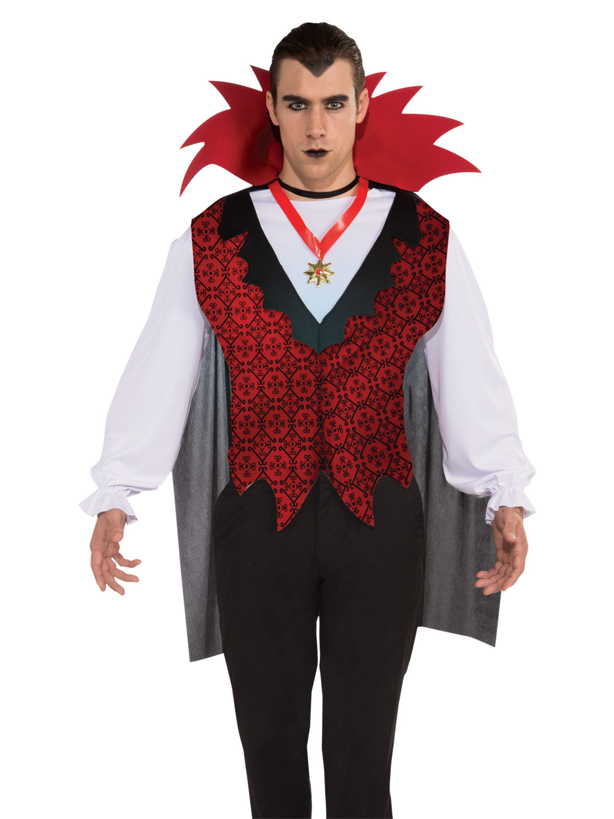 Teen wearing a vampire shirt with red damask vest, white jabot, medallion and grey cape with tall red collar