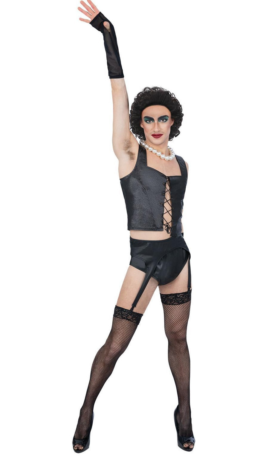 A man wearing a black Frank N Furter Rocky Horror costume with fishnet stockings and gloves, with one arm in the air