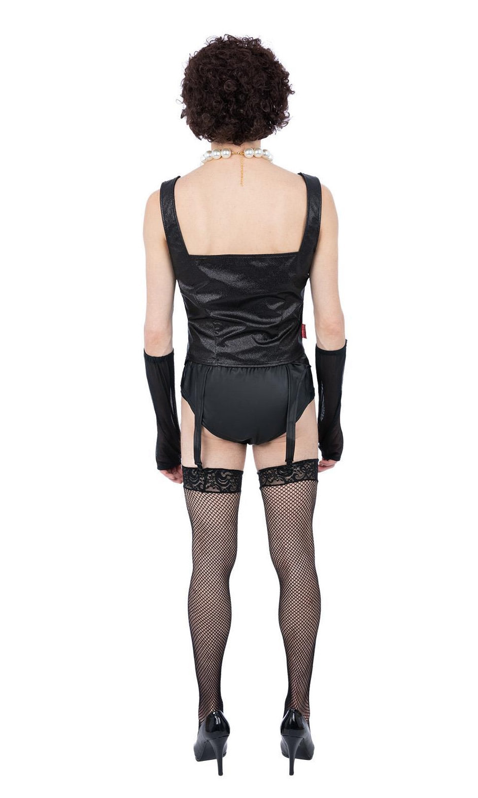 Back of a man wearing a black Frank N Furter Rocky Horror costume with fishnet stockings and gloves