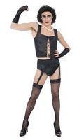 A man wearing a black Frank N Furter Rocky Horror costume with fishnet stockings and gloves