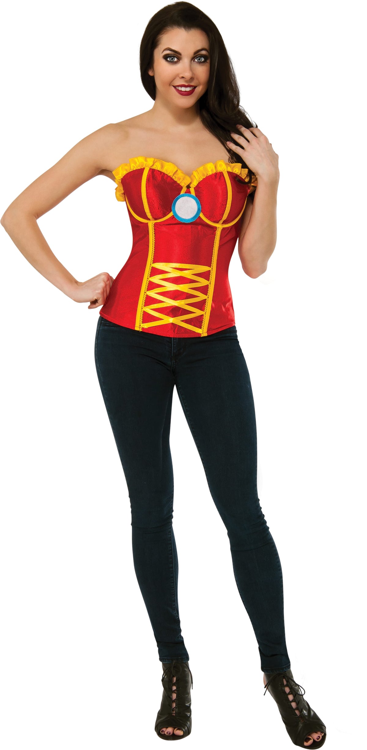 Woman wearing the red Iron Rescue satin corset with yellow lacing and arc reactor