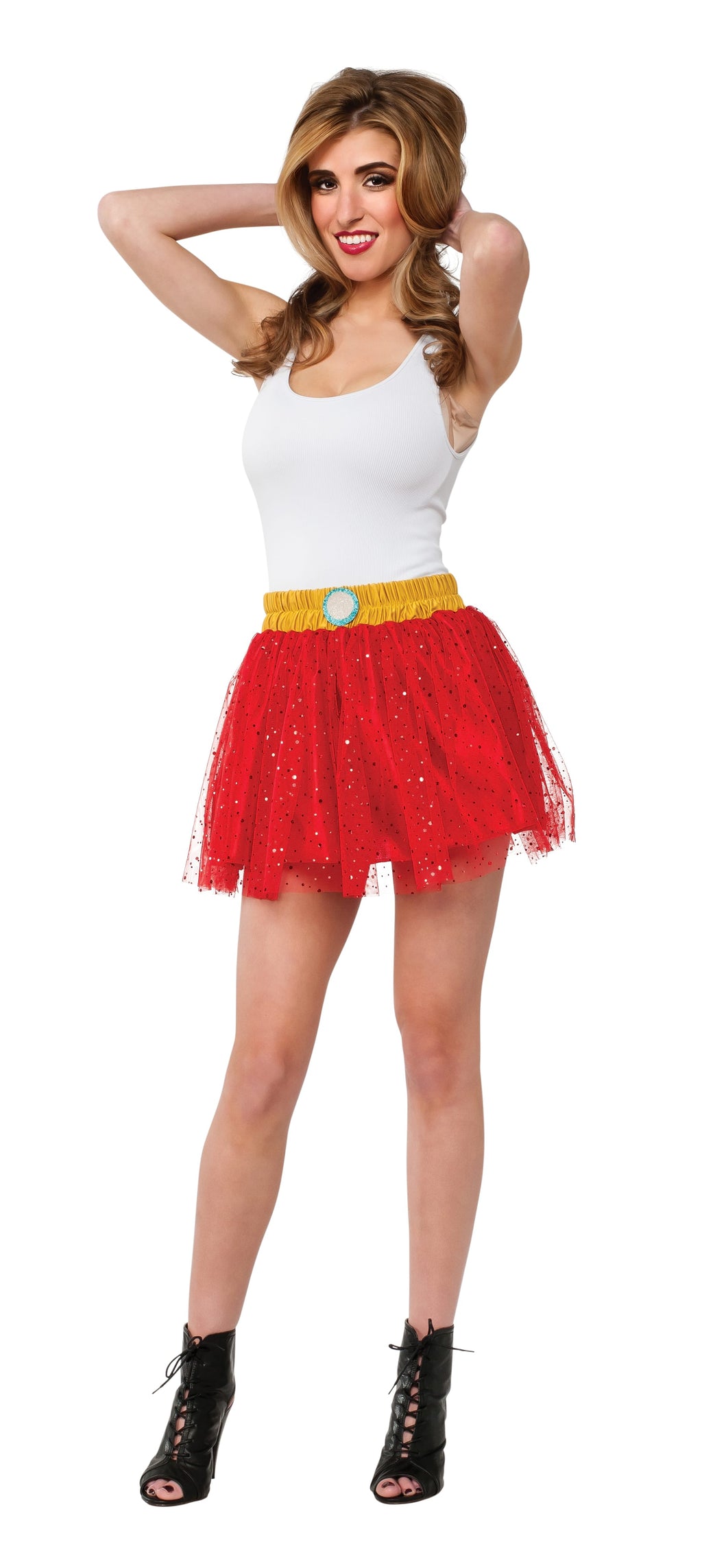 Woman wearing the red glitter Iron Rescue tutu skirt with yellow waistband