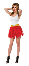 Woman wearing the red glitter Iron Rescue tutu skirt with yellow waistband
