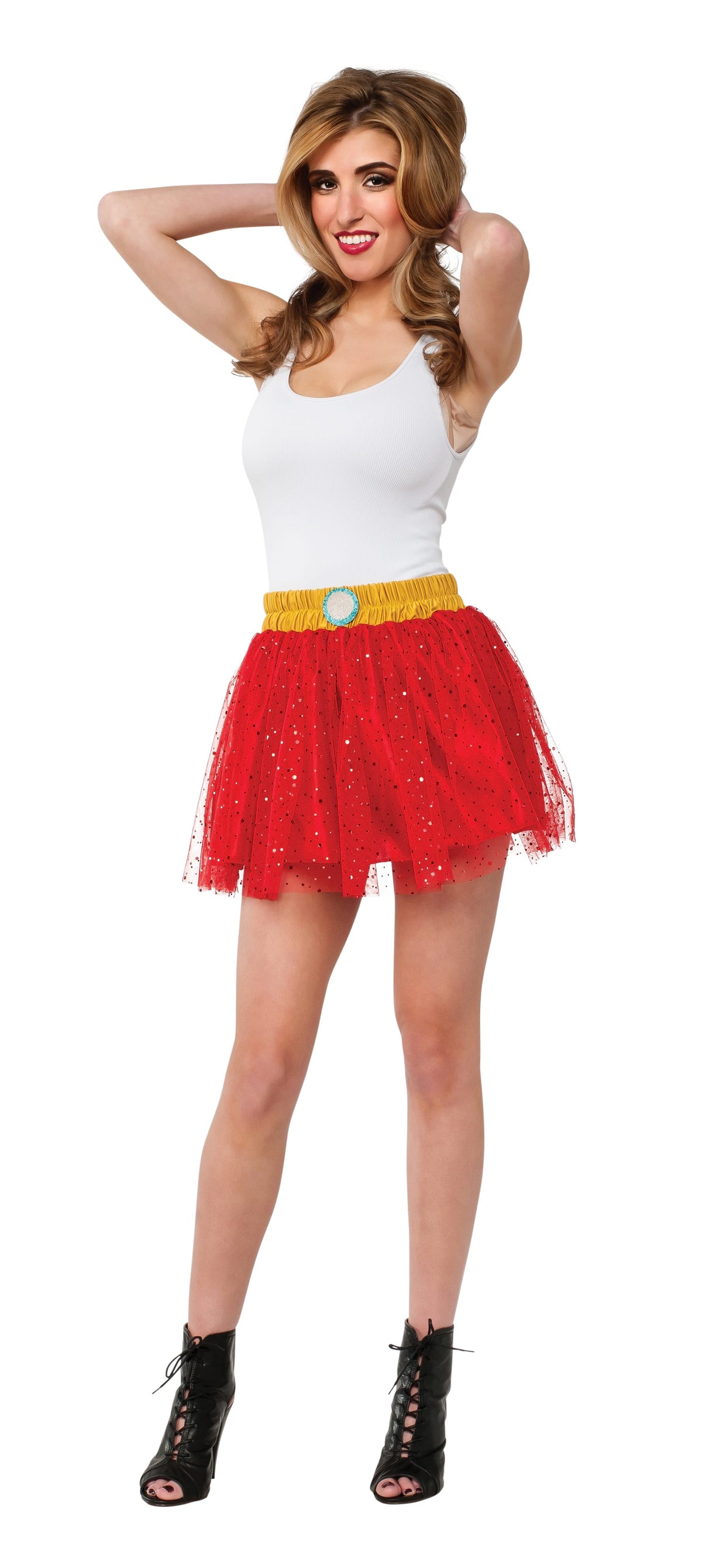 Woman wearing the red glitter Iron Rescue tutu skirt with yellow waistband