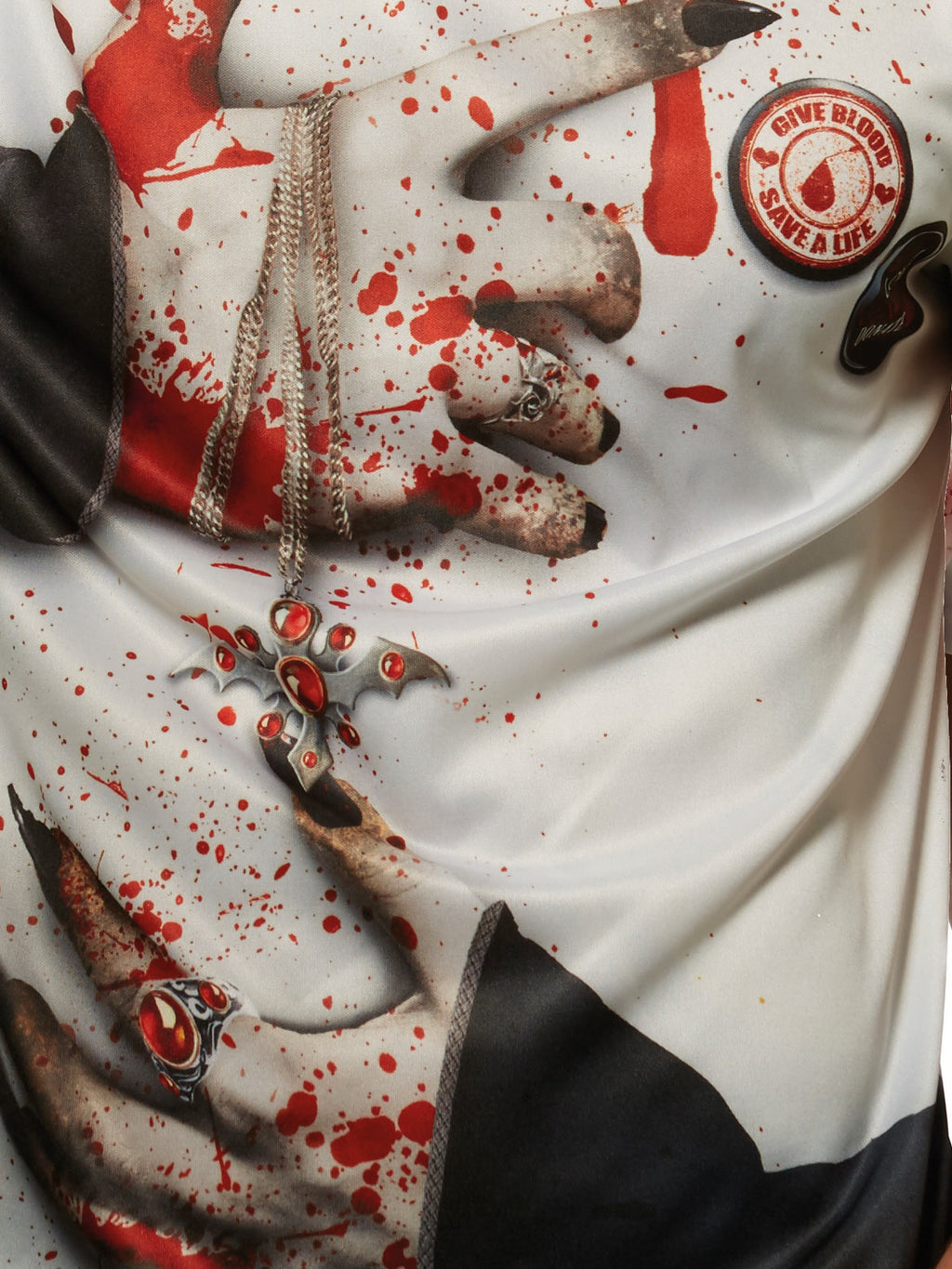 Close-up of the printed blood splatter and vampire hands on the shirt