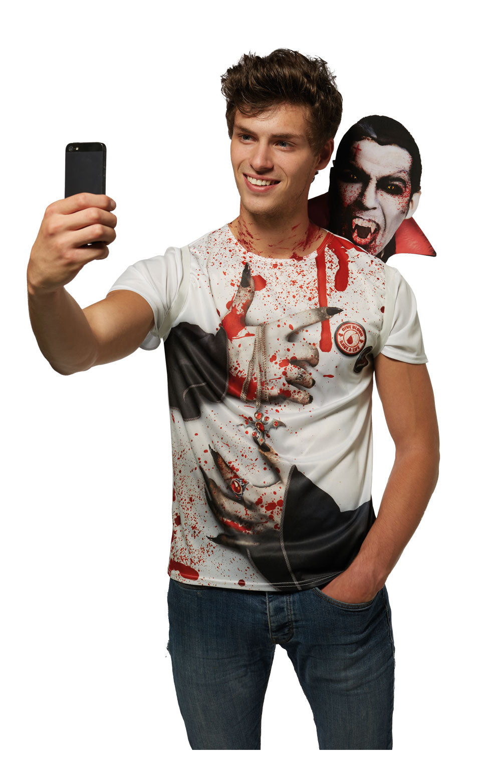 Man taking a selfie in the blood-splatter shirt with a vampire face on his shoulder