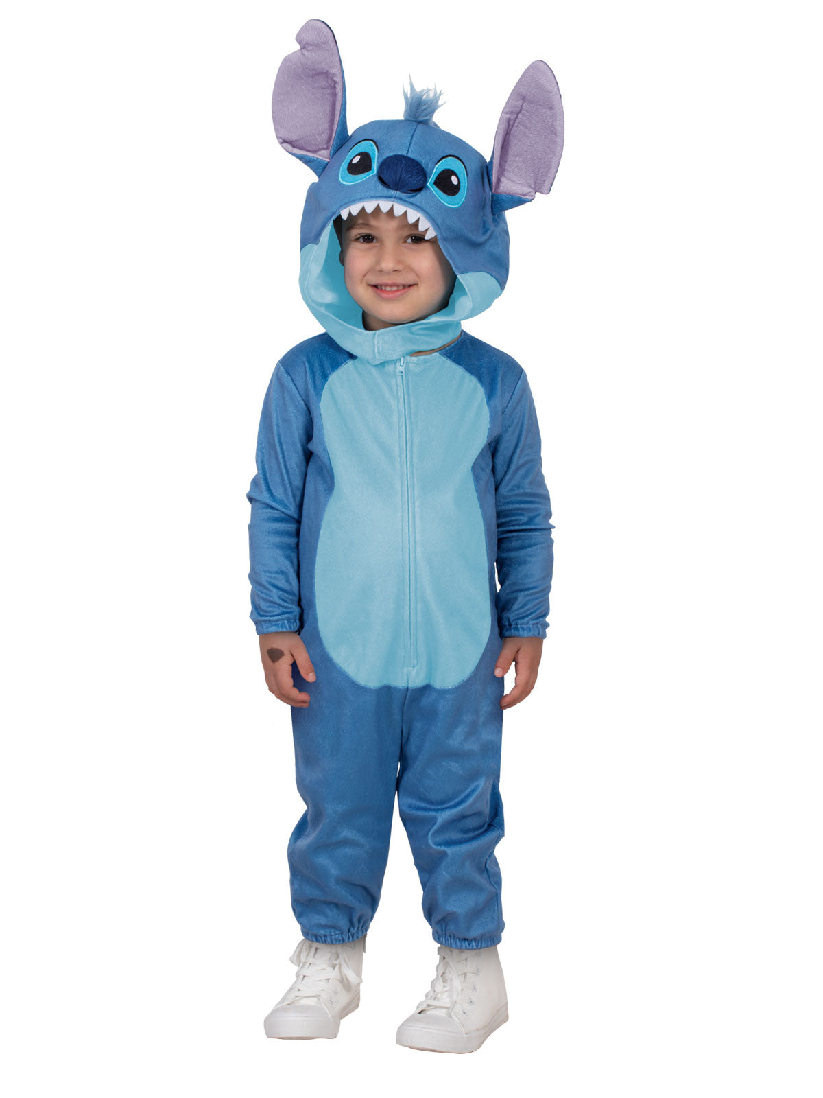 Toddler in the Stitch plush onesie with the hood showing the 3D face and large ears, front view