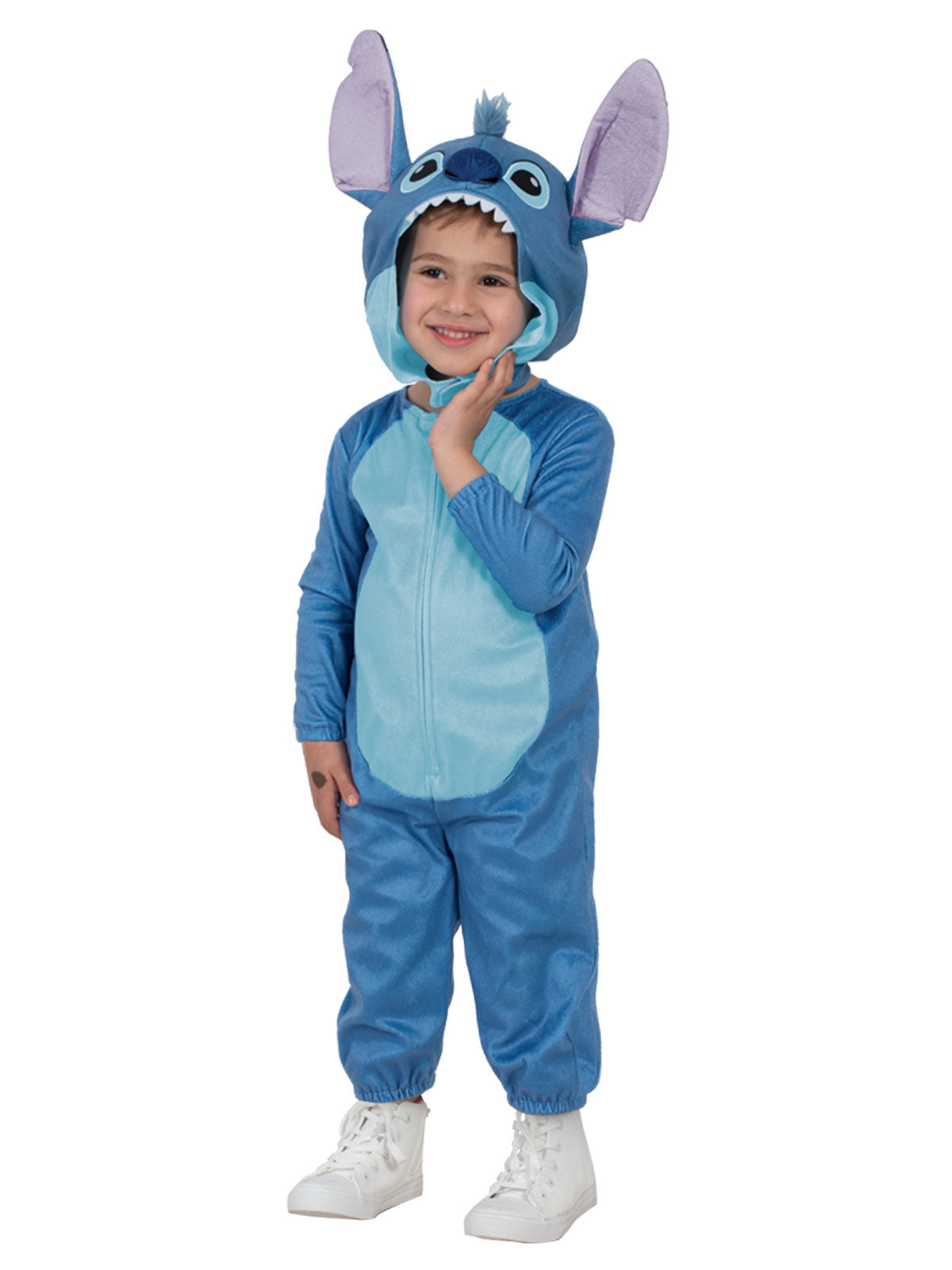 Toddler wearing the plush Stitch hooded onesie, hood up, with a light blue tummy