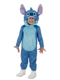 Toddler in the plush Stitch hooded onesie with 3D ears, standing with arms out