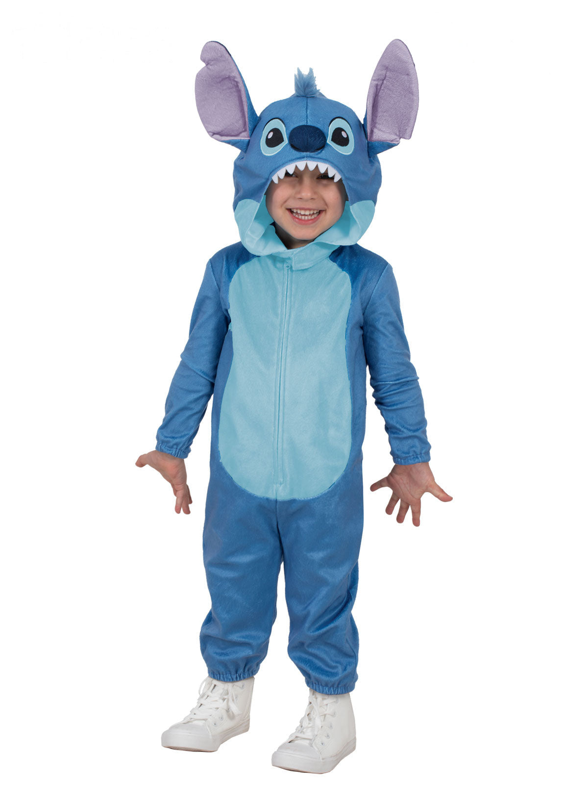 Toddler in the plush Stitch hooded onesie with 3D ears, standing with arms out