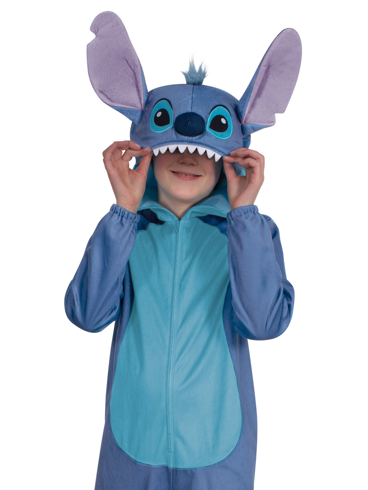 Child with hands on the hood of the plush Stitch onesie, showing the 3D face and large ears